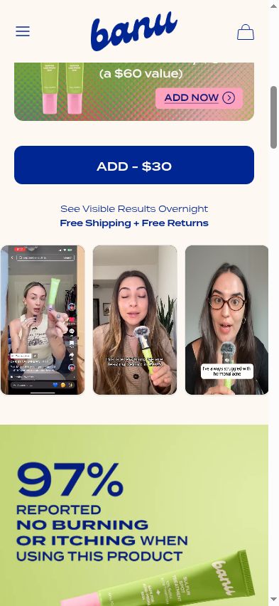 The Sulfur Spot Treatment page shows a $30 add button with "Free Shipping + Free Returns" directly underneath.