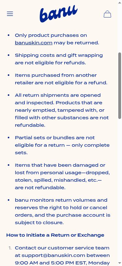 The return policy includes a clause that Banu monitors return volumes and may cancel orders or close the purchase account.