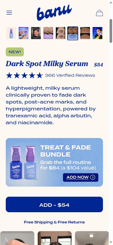 The Dark Spot Milky Serum buy box shows price, reviews, product copy, and the add button, but no text-level size or volume near the decision controls.