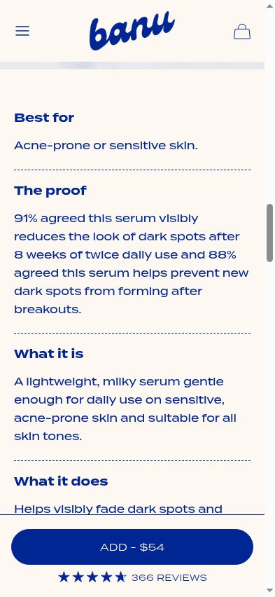 The proof section says 91% agreed the serum visibly reduces dark spots after 8 weeks of twice-daily use.
