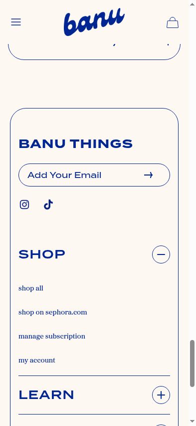 The Sephora link appears inside the footer SHOP accordion.
