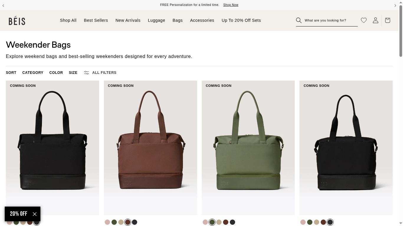 The captured Weekender collection opens with four visible products labeled “COMING SOON.”