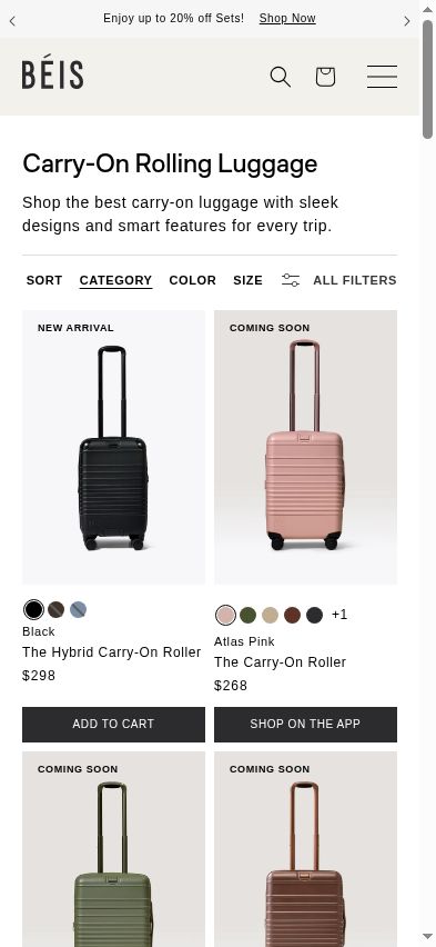The mobile Carry-On collection shows a $298 product with “ADD TO CART” beside a $268 product with “SHOP ON THE APP.”
