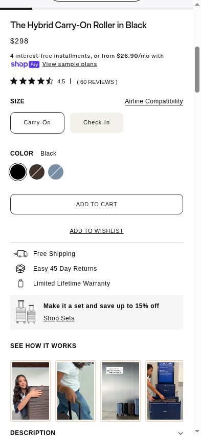 The Hybrid Carry-On buying area shows the $298 price along with “Easy 45 Day Returns” and “Limited Lifetime Warranty” badges.