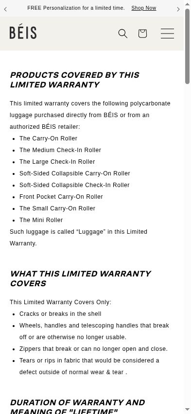 The captured warranty page lists covered roller products but does not name the Hybrid Carry-On Roller.