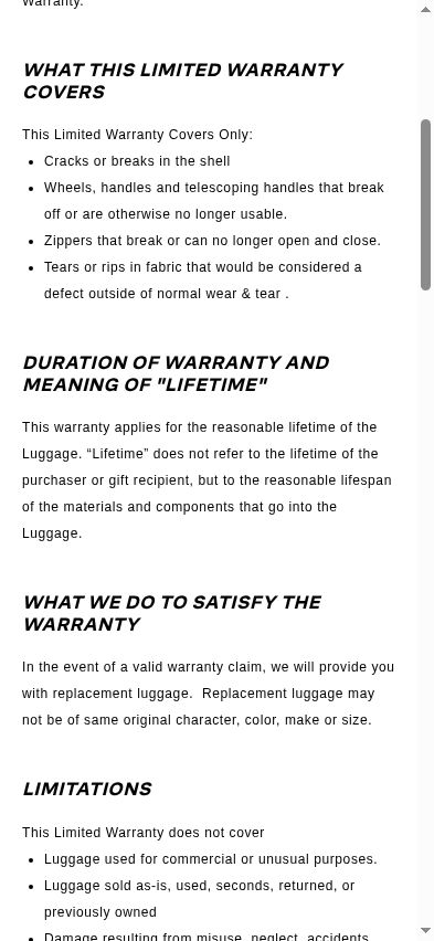 The policy defines “lifetime” as the reasonable lifespan of the luggage and its materials.