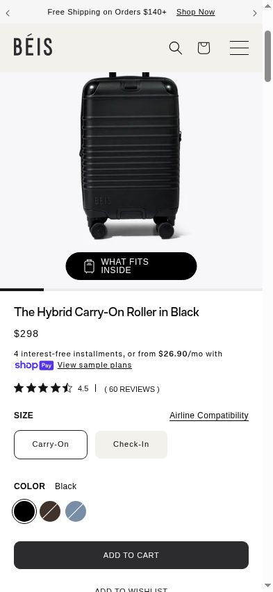 The captured Hybrid Carry-On gallery leads with an exterior product image beside the $298 buying controls.