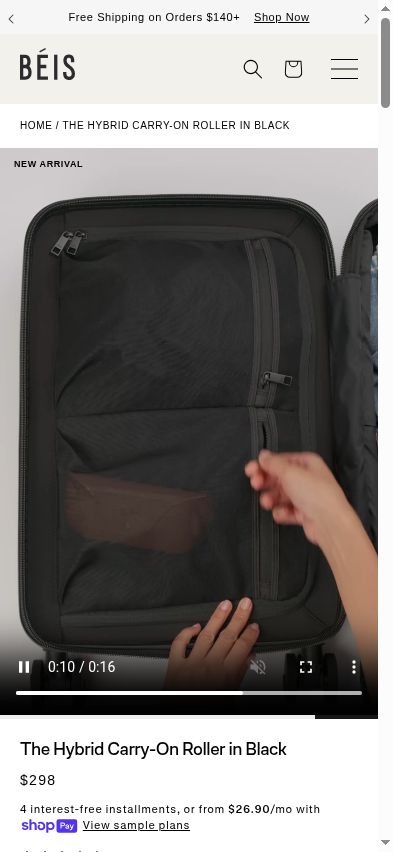 A lower-page video demonstrates the carry-on's interior organization.