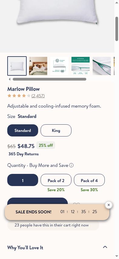 The 365 Day Returns badge sits directly under the price, while the return fee lives below in collapsed details.