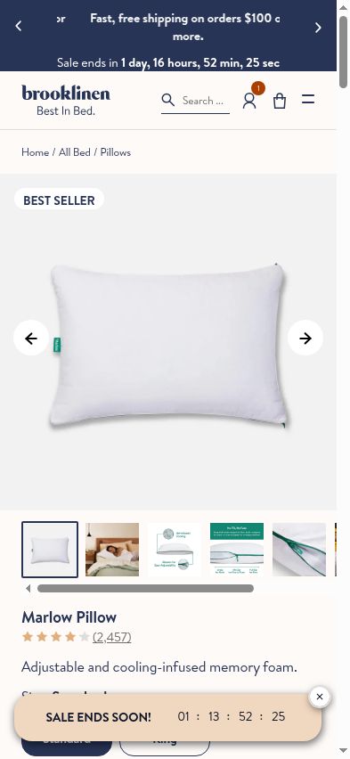 On mobile, the first screen is dominated by the product image, pushing price and size selection below the fold.