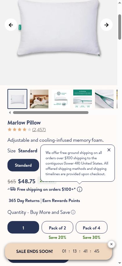 The shipping tooltip tells shoppers that timelines are provided at checkout, so delivery confidence arrives late.