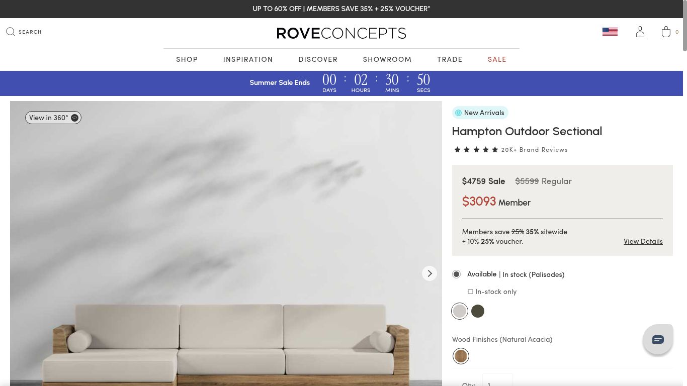 The Hampton product page labels $4,759 as “Sale” and $3,093 as “Member.”