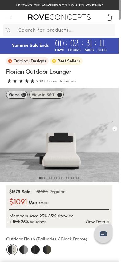 The Florian Outdoor Lounger page shows “20K+ Brand Reviews” in the rating row beneath the product name.